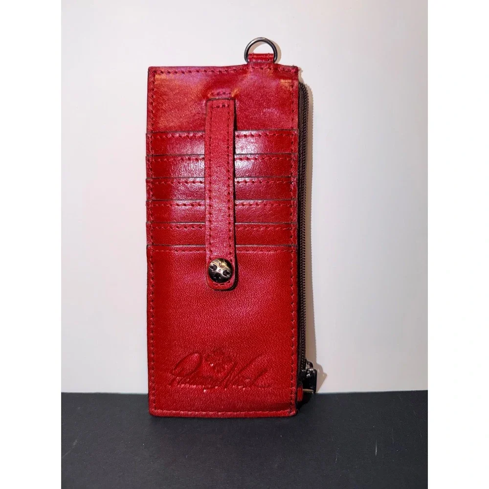 Patricia Nash Red Leather Slim Credit Card Case Wallet Zip ID Window
